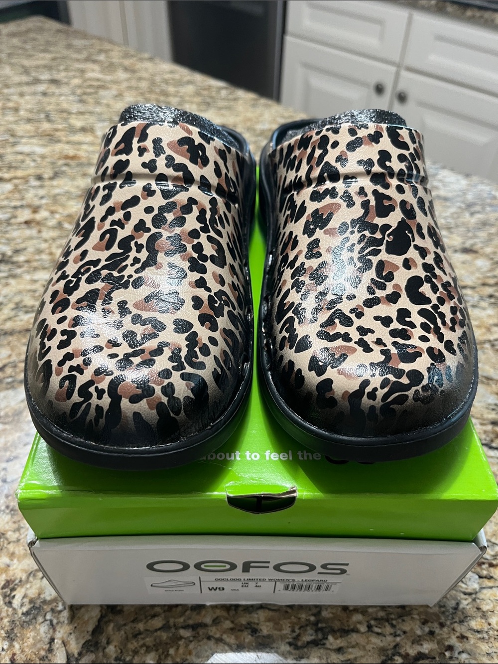 OOFOS Leopard-Pattern Slip-On Clog in Beige, Brown and Black